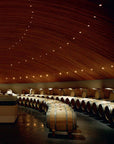 A dimly lit wine cellar with arched wooden ceilings and rows of barrels sets the perfect scene for wine lovers, much like the destinations in "150 Vineyards You Need" by Simon & Schuster Inc.