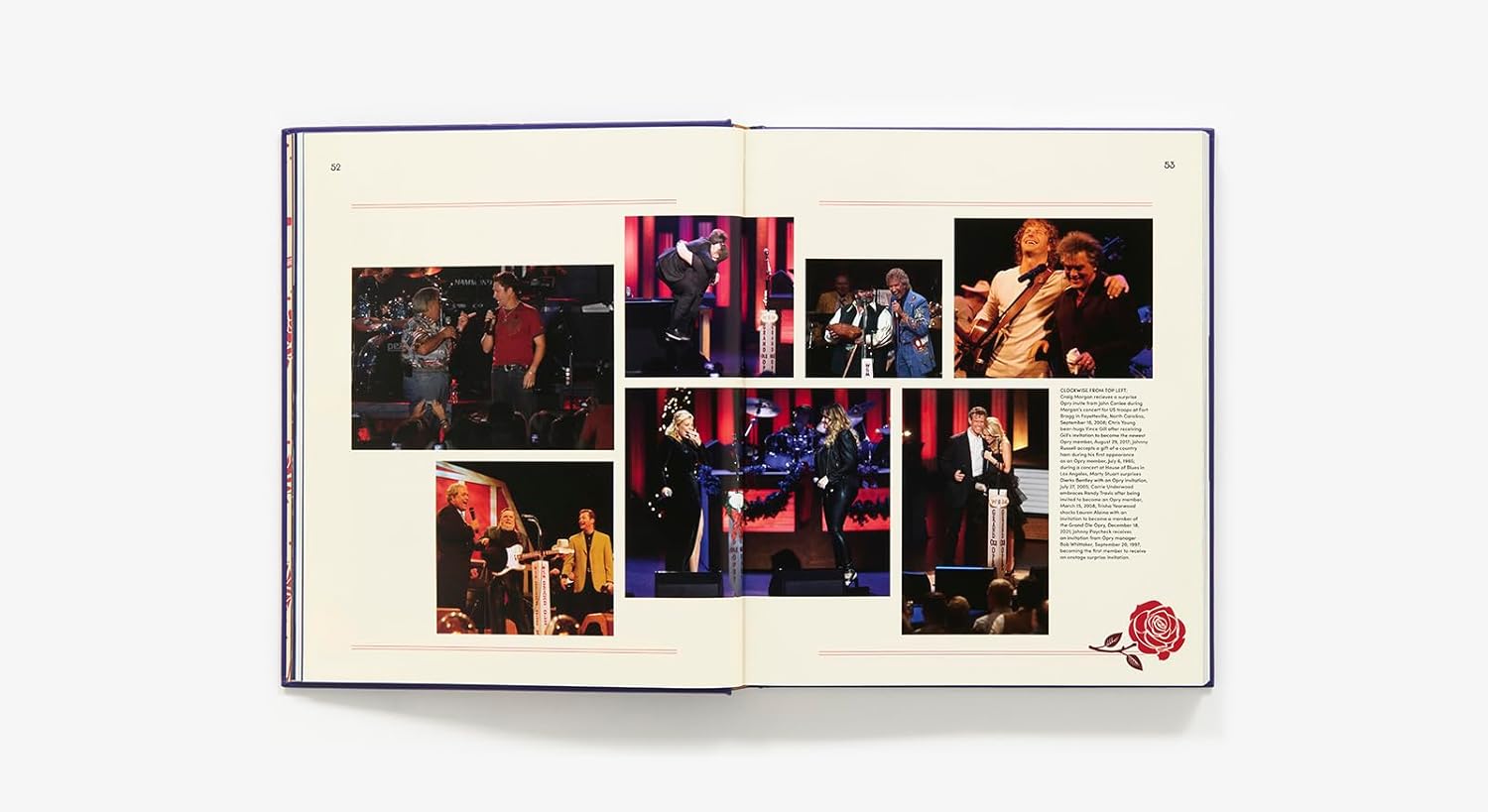 Open book displaying country music performers on stage, with text and a rose illustration—celebrating the Grand Ole Opry's centennial. Featured: "100 Years of Grand Ole" by Hachette Book Group.