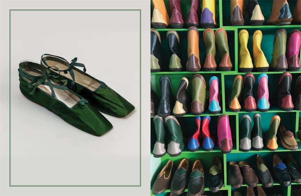 On the left, G: Forever Green shoes by Hachette Book Group—green, square-toed, lace-up; on the right, shelves of colorful footwear in rows—a chic display reflecting Carlos Mota’s stylish green-inspired aesthetic.