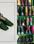 On the left, G: Forever Green shoes by Hachette Book Group—green, square-toed, lace-up; on the right, shelves of colorful footwear in rows—a chic display reflecting Carlos Mota’s stylish green-inspired aesthetic.