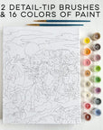 Discover the joy of painting with Faire's Paint by Numbers Horses kit! This set features wild horses artwork on canvas, includes two detail-tip brushes, and 16 vibrant colors. The "2 Detail-Tip Brushes & 16 Colors of Paint" label at the top makes it easy to identify.