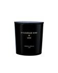 A black candle jar with a matching lid displays “Bulgarian Rose & Oud” and the Cereria Molla brand on white text. This elegant soy wax scented candle is showcased against a plain, light background.