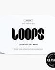 A white rectangular box labeled "Loops/HydroGel Face Masks" by Faire contains 5 moisturizing masks, features sleek black text, and displays a "Beauty & Wellness Awards Glamour 2021" badge in the lower right corner.