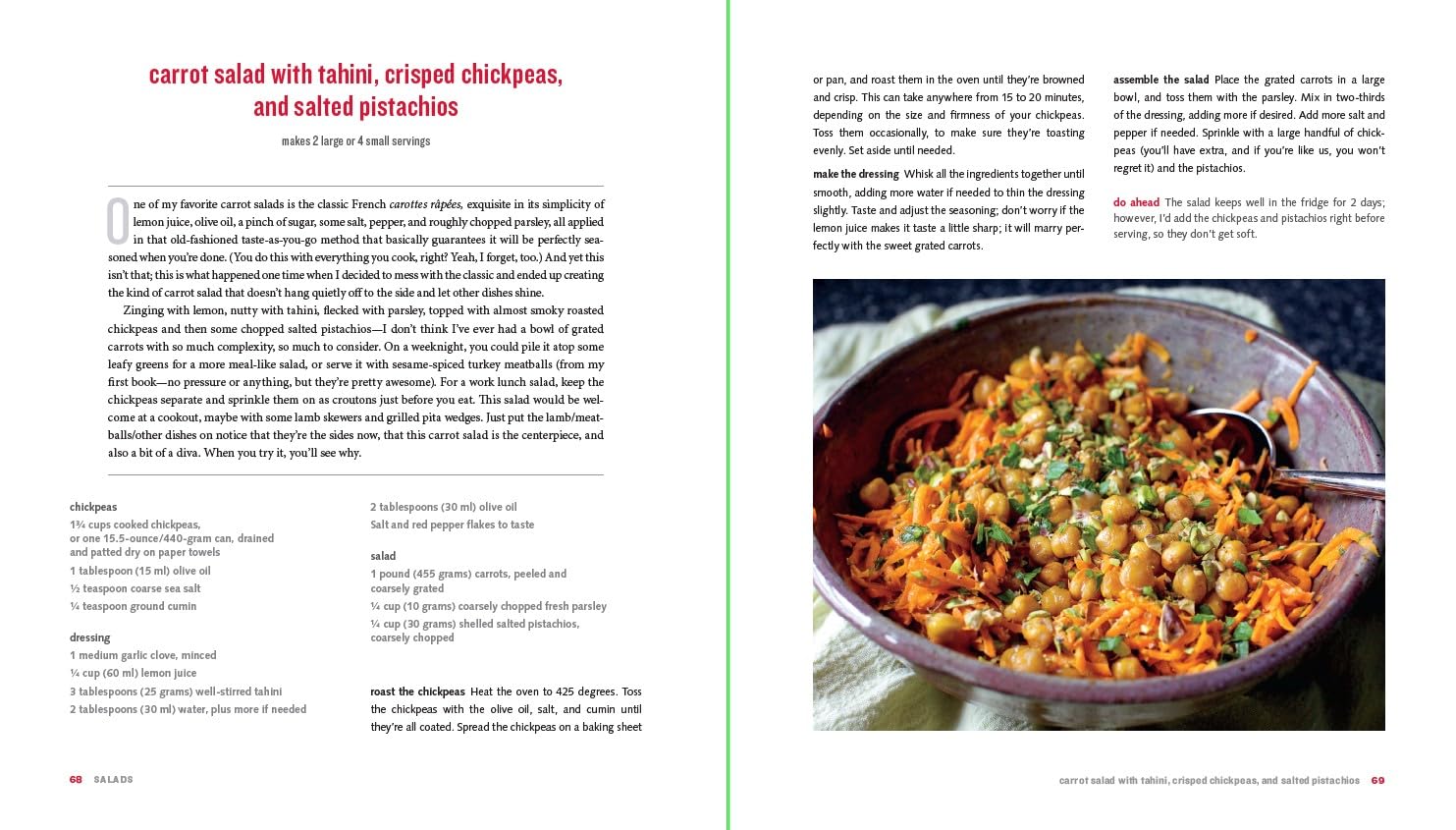 An open Smitten Kitchen Every Day cookbook by Random House displays a vivid carrot salad with tahini, crispy chickpeas, and pistachios; the left page features easy recipes, while the right shows a herb- and nut-garnished salad bowl.