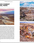 A spread from "150 National Parks You Need" by Simon & Schuster Inc. showcases Petrified Forest National Park with images of colorful badlands, striped hills, and a fossilized log, highlighting the park’s unique geology and history.