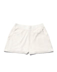 The Terry Venus short by Kule features white cotton-blend terry fabric, an elastic waist, and side pockets, shown laid flat on a white background.