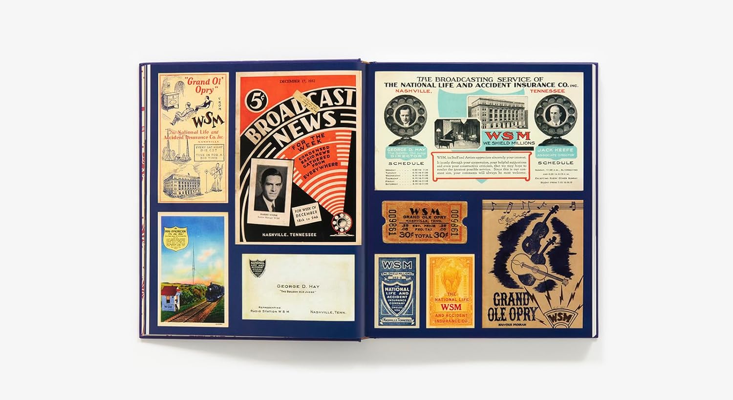 The Hachette Book Group’s "100 Years of Grand Ole" features an open spread with vibrant memorabilia—flyers, tickets, schedules, and ads—celebrating a century of the Grand Ole Opry and WSM radio history.