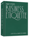 A green hardcover book, "Emily Post's Business" by Random House, features large silver lettering and offers key advice for career success and professional relationship building.