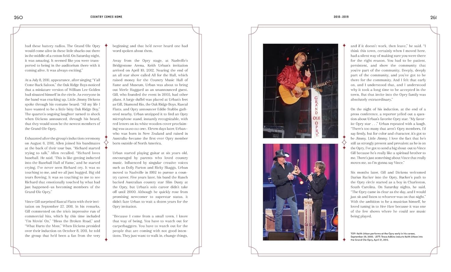 The left page features black text on white, while the right displays two photos of a man in a cowboy hat performing at the Grand Ole Opry, from "100 Years of Grand Ole" by Hachette Book Group, with captions under each image.
