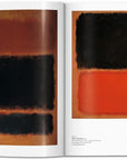 A spread from Rothko Basic Art Edition by Ingram Book Company displays two Abstract Expressionist paintings with bold, blurred-edged rectangles in black, red, and orange on earthy backgrounds. Minimalist captions appear beneath each image.