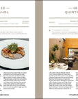 A magazine spread from Simon & Schuster Inc.’s "150 Restaurants" features Mexico City’s Pujol and Quintonil, with a gourmet dish on the left page and a stylish dining room with set tables and greenery on the right.