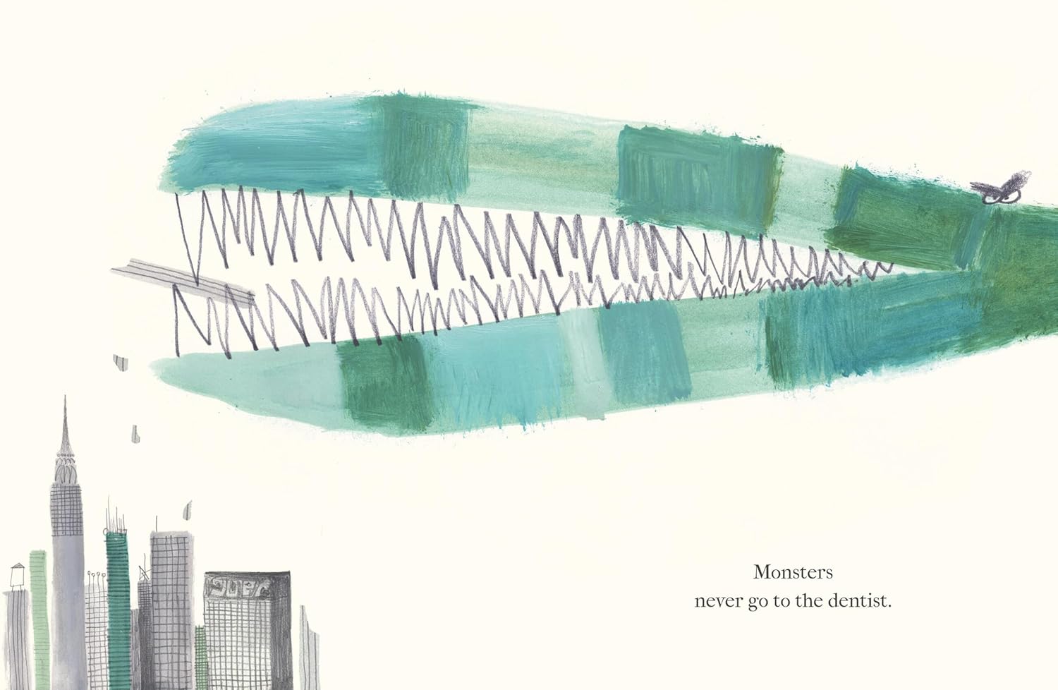 A huge green crocodile-like monster with jagged teeth looms over a city as a plane flies by. The text reads, "Monsters never get haircuts." Perfect for a funny picture book from Hachette Book Group about kids’ imaginations.