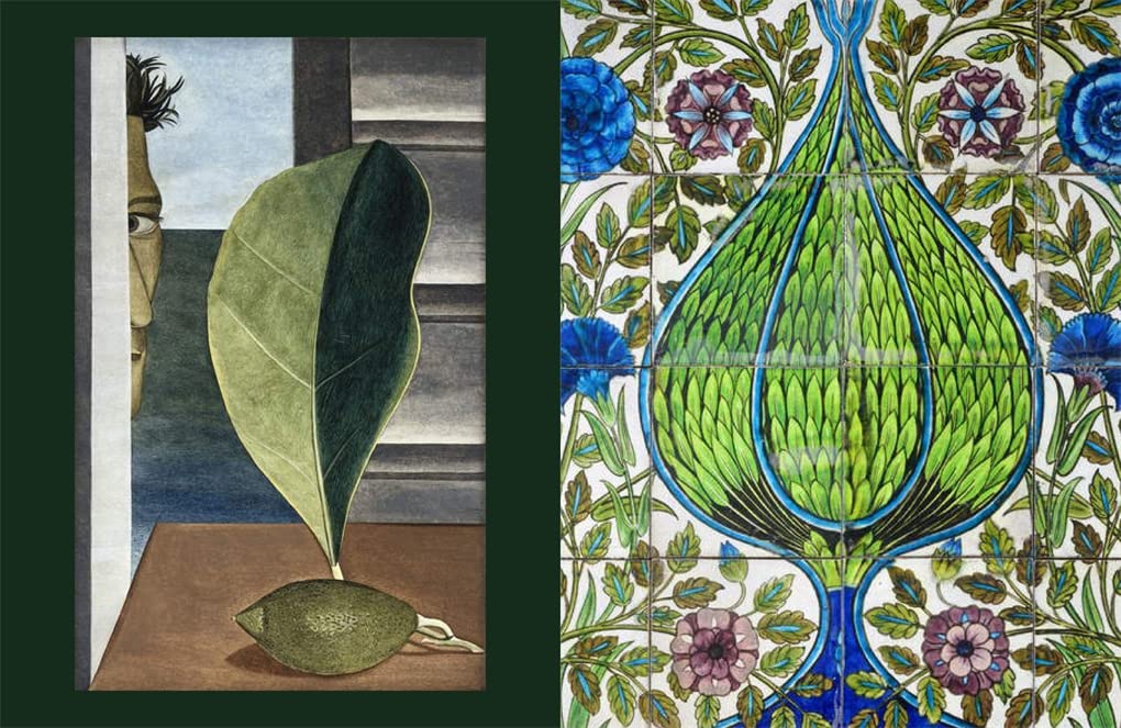 On the left, Hachette Book Group’s “G: Forever Green” features a surreal painting with a large green leaf and fruit on a table and a partial face; on the right, an ornate tile design shows green and blue floral patterns inspired by home decor.