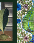 On the left, Hachette Book Group’s “G: Forever Green” features a surreal painting with a large green leaf and fruit on a table and a partial face; on the right, an ornate tile design shows green and blue floral patterns inspired by home decor.