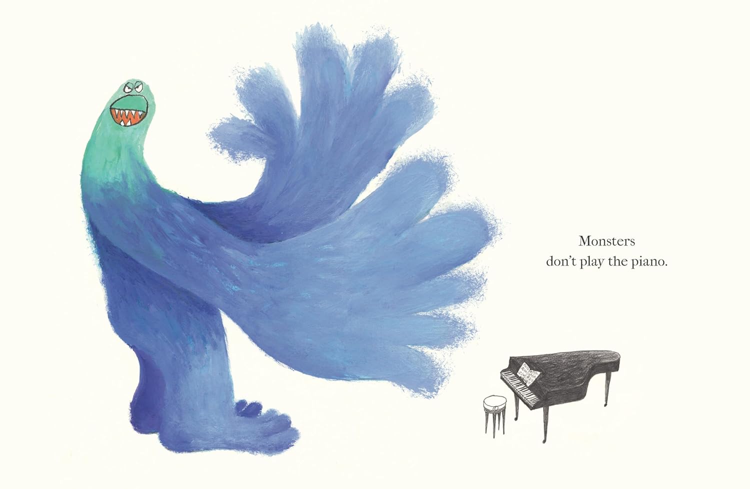 A blue, furry monster with big hands grins next to a tiny piano and stool on a white background. Perfect for silly picture books, the text reads "Monsters Never Get Haircuts." From Hachette Book Group; sparks kids' imagination.