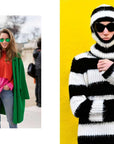 Left: Woman in a green coat and the "Paris In Fashion" sweater by Simon & Schuster Inc., holding a chain bag, wearing sunglasses. Right: Person in a black and white striped knit hooded sweater and large sunglasses, with a yellow background.