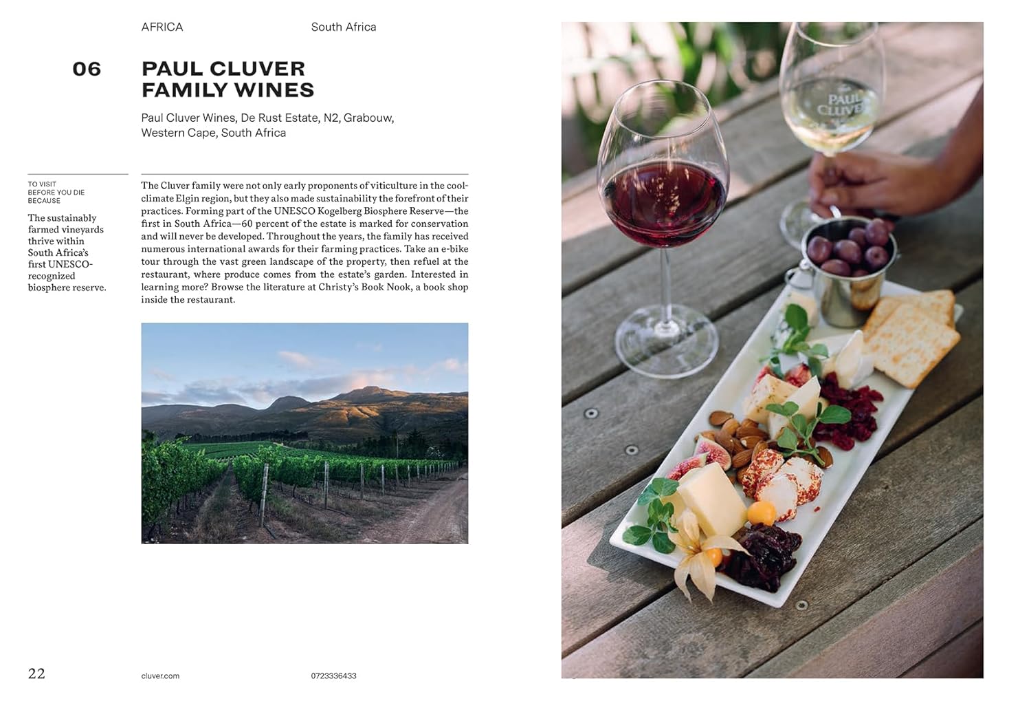 A magazine spread for wine lovers highlights "150 Vineyards You Need" by Simon & Schuster Inc.--the left page shows a scenic sunset vineyard and winery info, while the right features red wine and a charcuterie board on wood.