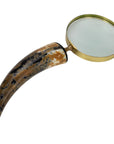 The Abbott Magnifying Glass by The Import Collection features a round lens with a gold rim and a curved, horn-shaped handle in brown, black, and cream tones—an elegant decorative accent for distinctive home decor.