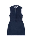The Kule Terry Dress is a sleeveless navy blue summer dress with white trim, front zipper, elastic waistband, small stand-up collar, and side pockets, shown laid flat on a white background.