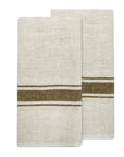 The CH Tea Towels S/2 by Faire, shown folded on a white background, are crafted in a beige linen-cotton blend with a horizontal olive green stripe for a classic French country style.