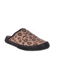 The Faire Coma Toes slipper features a tan base with black and orange leopard print, black trim around the opening, and a black rubber sole, shown angled on a white background.