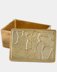 The Flora Box Antique Brass by Global Views is a small, rectangular decorative box with an antique brass textured lid featuring abstract patterns. The lid is slightly open, revealing the empty interior.