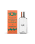 A clear, rectangular Blomb Eau de Parfum bottle by Faire with a silver cap sits beside its orange box labeled "BLOMB," featuring green and blue text about its exotic, long-lasting, and inclusive fragrance.