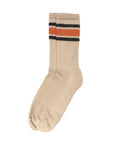 Faire Merino Socks: Beige crew-length socks with a ribbed texture and two horizontal stripes—one orange, one black—near the top. Laid flat on a white background. A stylish addition to your activity socks collection.