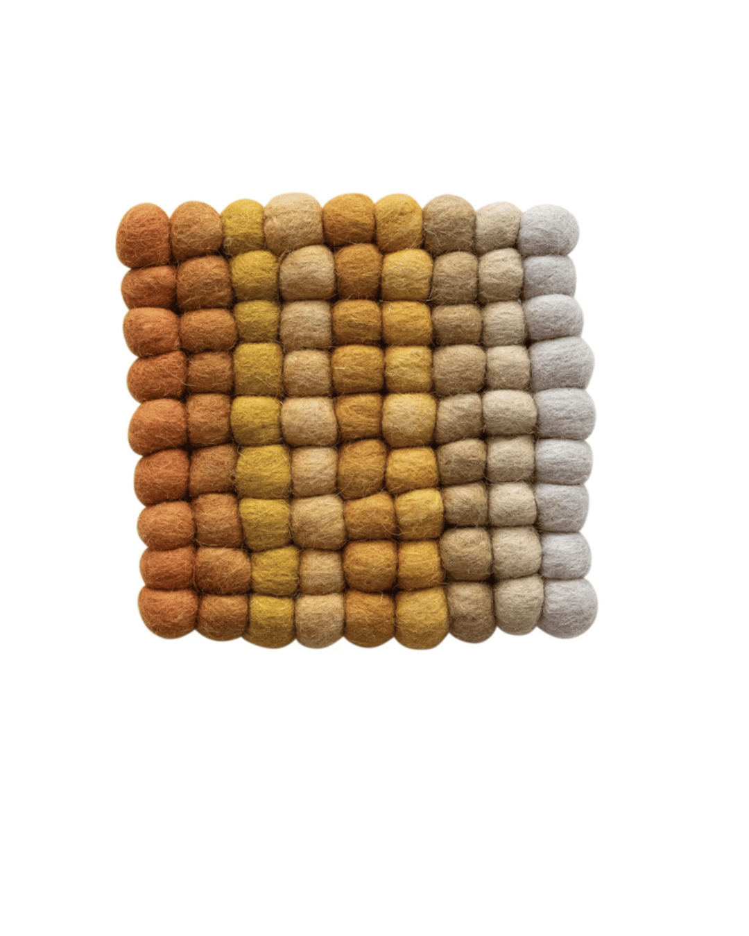 A rectangular arrangement of Creative Co-op&#39;s Handmade Wool Felt Ball Trivet Multi Color Yellow, in shades of brown, yellow, and gray, evoking the earthy tones of a Scottsdale Arizona bungalow, creating a gradient pattern from left to right.