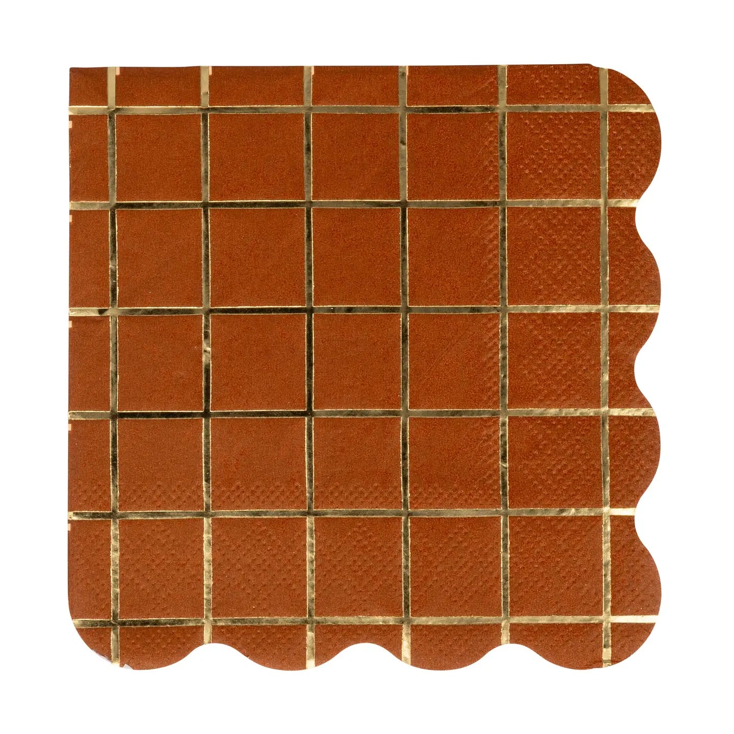 The MME Cocktail Napkin by Faire is a brown square paper napkin featuring a gold grid of small squares, a scalloped right edge, and a subtly textured background.