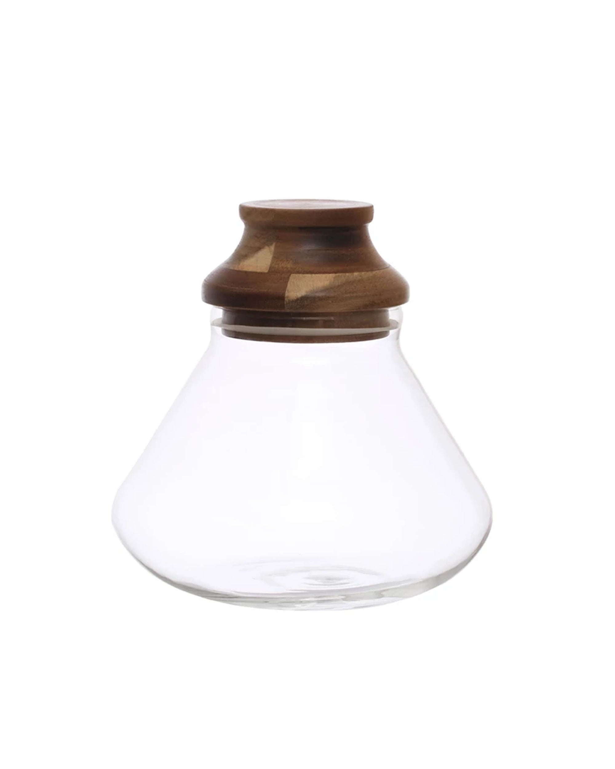 The Bloomingville Glass Jar w/ Acacia Wood Lid features a clear design with a wide base and narrow neck, topped with a round acacia lid—perfect for stylish kitchen storage.