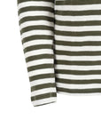 The Majestic Filatures Organic Cotton Stripe L/S Crewneck features horizontal olive green and white stripes. Made from soft organic cotton, the image shows only the sleeve and part of the torso.