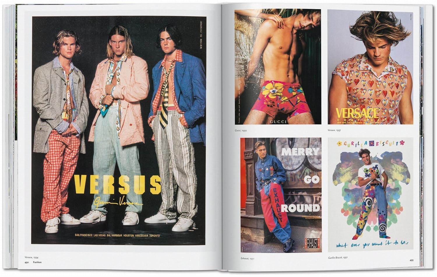 A two-page spread from "All American Ads of the 90s" by Ingram Book Company showcases three male models in layered Versus looks on the left, and four smaller ads featuring bold designer menswear by Gucci, Versace, and other luxury brands on the right.