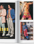 A two-page spread from "All American Ads of the 90s" by Ingram Book Company showcases three male models in layered Versus looks on the left, and four smaller ads featuring bold designer menswear by Gucci, Versace, and other luxury brands on the right.