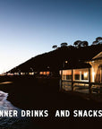A beachfront restaurant glows at dusk, tree silhouettes behind. Text reads "SKÅL!" and "AFTER DINNER DRINKS AND SNACKS—inspired by Malibu Farm Sunrise from Random House, with flavors of Southern California cooking.