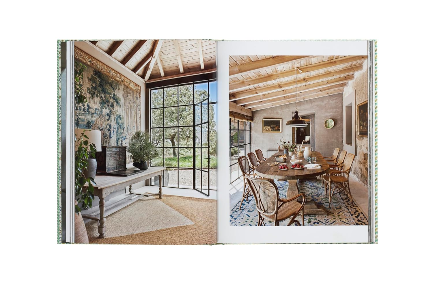 Open to "Natural Living by Design" from Hachette Book Group: one page shows a sunlit room with a desk and tapestry, the other displays a rustic dining area with wicker chairs and an exposed wooden ceiling for healthy living.