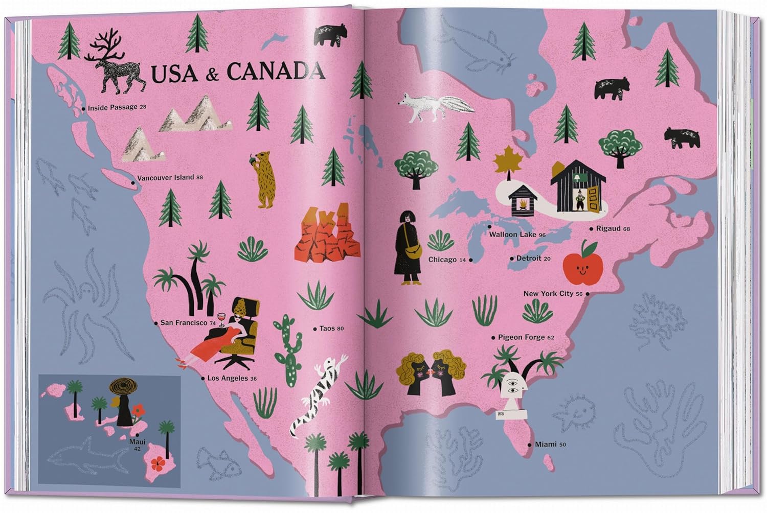 An illustrated USA and Canada map on a pink background, inspired by Ingram Book Company's New York Times Cultured Traveler 100 Trips, features cities, landmarks, animals, plants, and icons like New York City, Miami, and Chicago.
