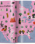 An illustrated USA and Canada map on a pink background, inspired by Ingram Book Company's New York Times Cultured Traveler 100 Trips, features cities, landmarks, animals, plants, and icons like New York City, Miami, and Chicago.