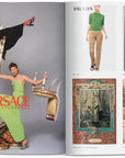 Left: Two models pose with ornate chairs—one in a black dress, the other in a green gown. Right: Four high-fashion luxury ads appear. From "All American Ads of the 90s" by Ingram Book Company.