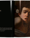 An open copy of "Caravaggio. The Complete Works" by Ingram Book Company displays the chapter “Lombard beginnings 1571–1592” with a quote, and a vivid Italian painting of a curly-haired youth with a white flower and expressive face.