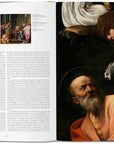 An open copy of "Caravaggio. The Complete Works" by Ingram Book Company shows a catalogue-style left page with text and images, and a right page close-up of a bearded man looking up at an angel.