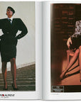 A fashion magazine spread channels 1980s nostalgia, reminiscent of scenes from "All American Ads of the 80s" by Ingram Book Company, as two women model classic black skirt suits with stylish details.