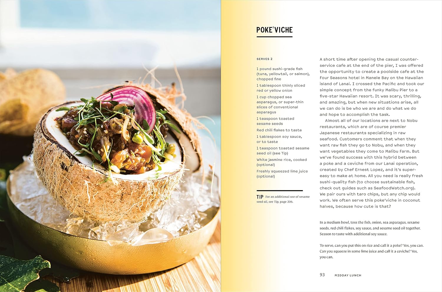 A halved coconut shell of poke with red onions, sprouts, and greens rests in a gold bowl. On the right, a yellow background highlights "Malibu Farm Sunrise" by Random House, inspired by Southern California cooking.