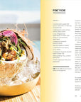 A halved coconut shell of poke with red onions, sprouts, and greens rests in a gold bowl. On the right, a yellow background highlights "Malibu Farm Sunrise" by Random House, inspired by Southern California cooking.