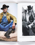 A book spread from "Stetson" by Random House features a man in classic Western attire on a mattress and a woman dressed in cowboy culture style seated in a car, capturing the American West’s enduring spirit.
