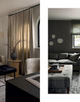 Two modern living rooms with neutral tones reflect thoughtful design inspired by "Outside In" from Gibbs Smith Publisher, featuring a cream sofa, floor lamp, round table, and curtains (left); gray sofa, wooden table, textured wall, and window shade (right).