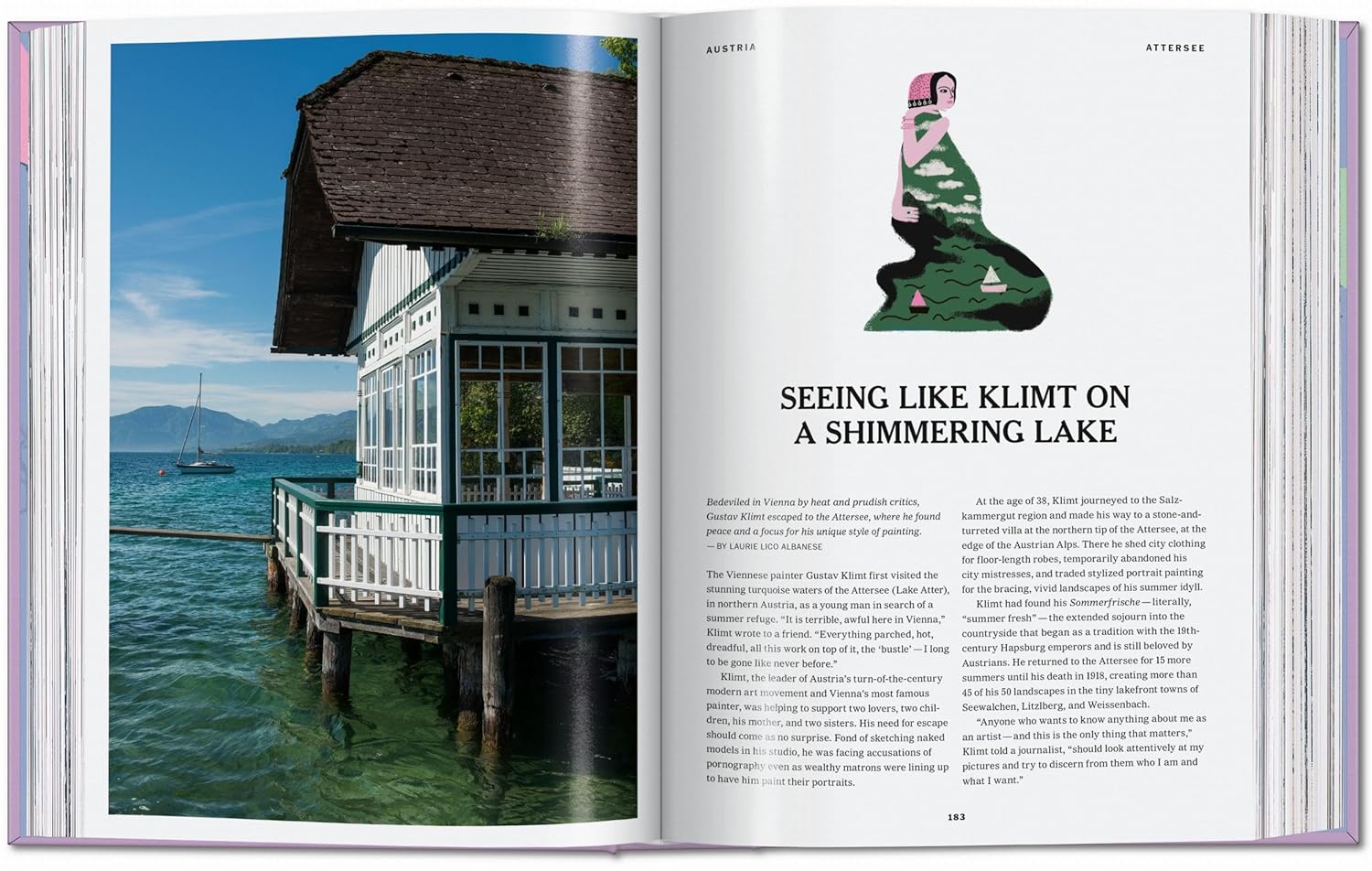 An open "New York Times Cultured Traveler 100 Trips" book by Ingram Book Company displays a lakeside pavilion photo, an illustration of a woman with mountains and lake, and an article titled "Seeing Like Klimt on a Shimmering Lake.