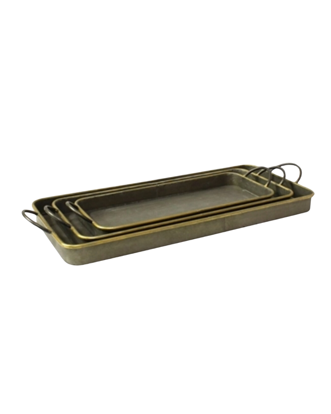 Three nested rectangular metal Archer Galvanized Trays with handles, displayed in an Arizona-style light beige background by HomArt.