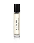 A clear glass bottle of Faire Heretic 15ML Perfume, featuring Damascena rose and sandalwood vanilla notes, stands upright with a black cap on a white background.
