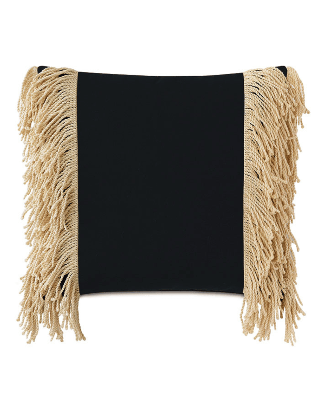 A square Paler Fringe Black Pillow with a thick fringe of tan tassels in Arizona style along the top and bottom edges, isolated on a white background by Eastern Accents.